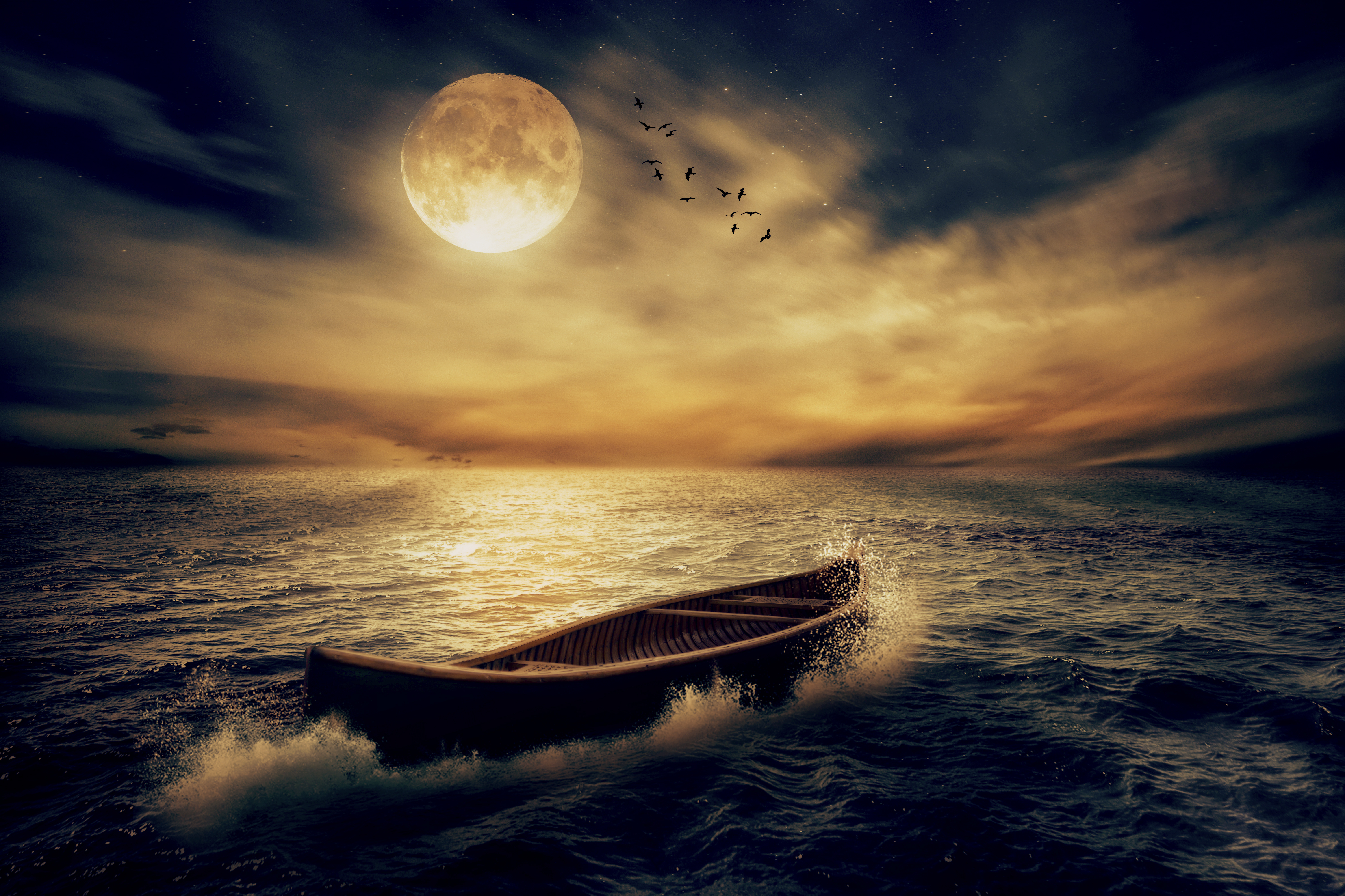 Boat drifting away in middle ocean after storm without course moonligh